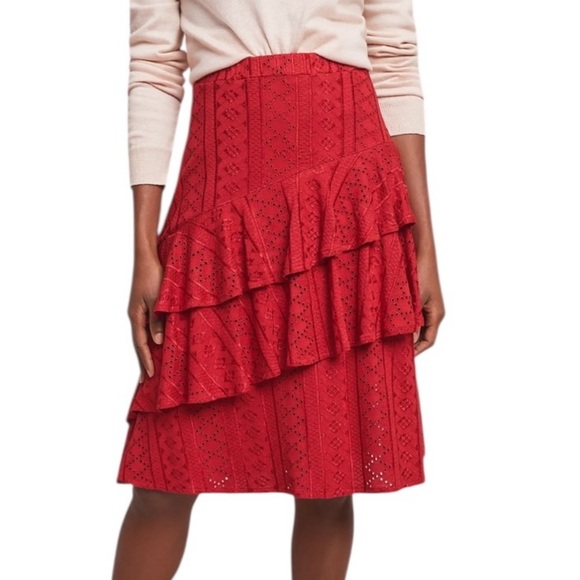 NWT Anthropologie Red Angled Tiered Eyelet Knit Pull On Skirt - Picture 3 of 11